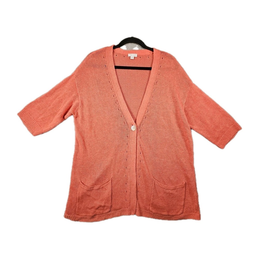 J Jill Love Linen Cardigan Womens L Coral Semi Sheer Knit Beachy Coastal Spring